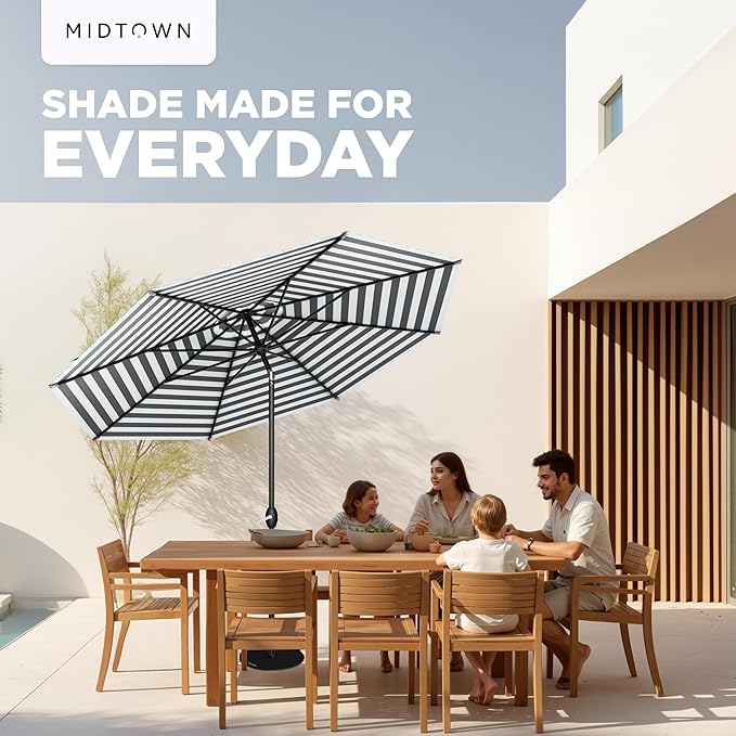 Midtown Umbrellas The Lean 8 Feet Outdoor Umbrella With Terylast Matter Stripes (Grey/White Stripes) Polyester Fabric - Auto-Tilt Aluminum Frame Patio Umbrella For Deck, Garden, Pool - Black Pole
