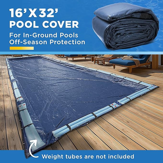 16-Ft x 32-Ft Pool Cover for Inground Pools - Rectangle Winter Pool Cover for Inground Pools, Extra Thick Material and Durable Design, Cold and UV-Resistance, Easy Installation, Navy Blue