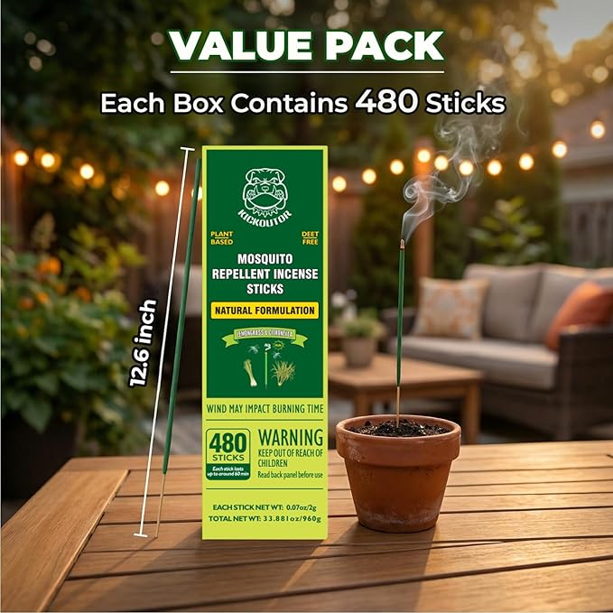 KICKOUTOR® Mosquito Incense Sticks with Citronella, 480 Count Natural Outdoor Mosquito Repellent for Patio Backyard Camping, 1-Hour Burn DEET-Free Flying Insect Bug Control | Gnat No-See-um