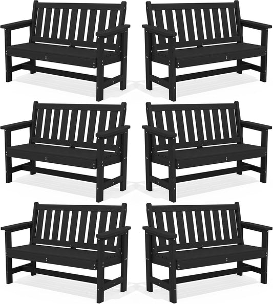 SERWALL Outdoor Bench, HDPE Outdoor Benches Weatherproof, 2-Person Garden Bench with 660 lbs Weight Capacity, Patio Benches for Outdoors, Garden, Porch, Backyard and Park, Black, 6 Pack