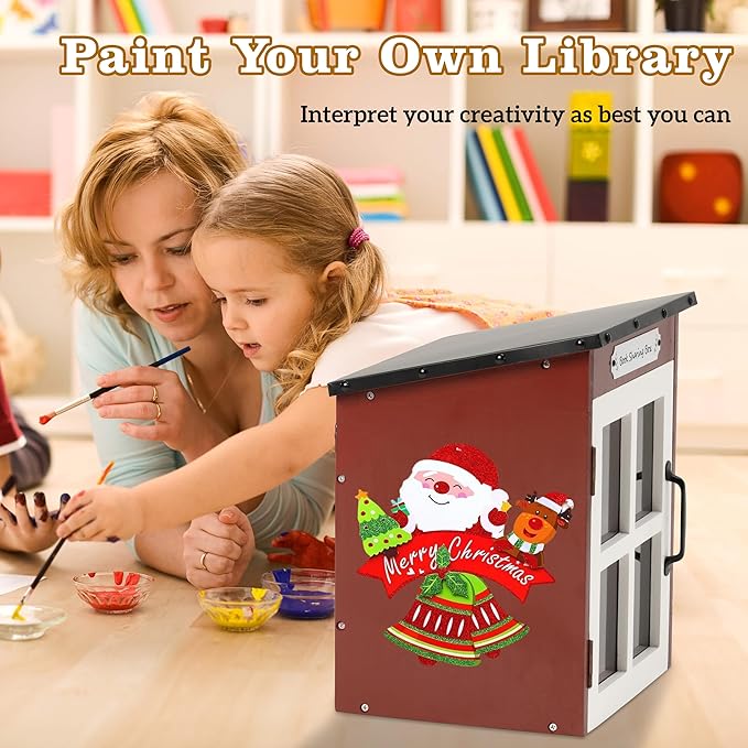 Outdoor Book Storage Box: Natural Wood Library Box with Reinforced Waterproof Roof, DIY Book Sharing Storage Box for Outside Neighborhoods Community Schools (Red Sloped Roof)