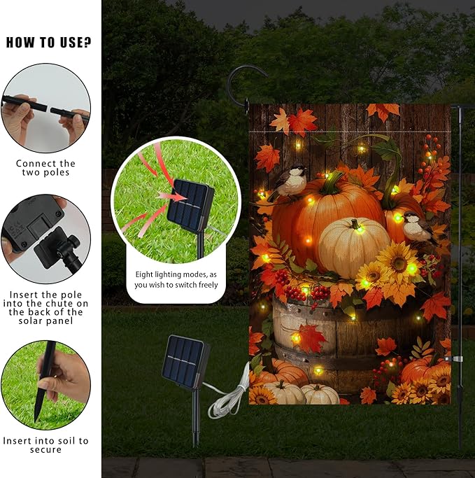Lighted Pumpkin Fall Garden Flag 12 x 18 Inch Double Sided Burlap Led Autumn Watercolor Bird Garden Flag for Party Yard Outdoor Decoration