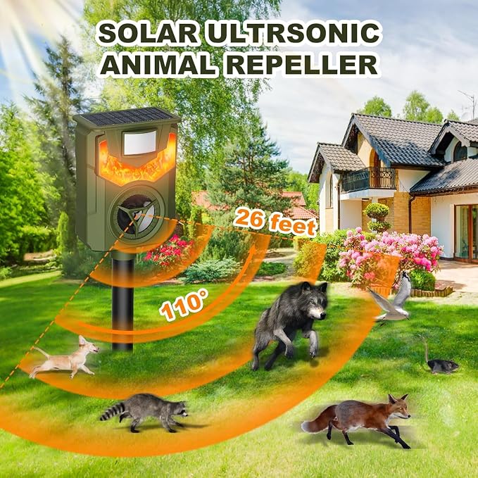 Solar Ultrasonic Deer Repellent Outdoor Solar Animal Repeller Motion Activated Cat Repellent Device 2 Pack Humane Dog Racoon Squirrel Deterrent for Garden Yard Farm Waterproof