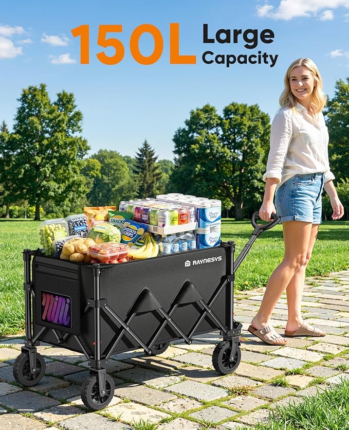 Wagons Carts Foldable, 330LBS Collapsible Wagon, 150L Heavy Duty Foldable Wagon with All-Terrain Wheels, Portable Utility Carts for Grocery Sports Garden Shopping Camping