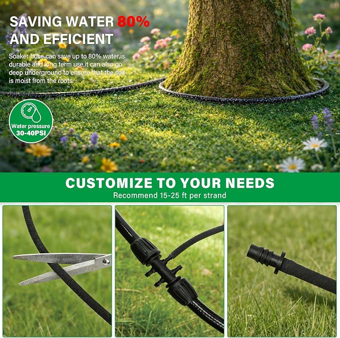 MIXC 80% Water-Saving Soaker Hose – 1/4" x 100 Ft Drip Irrigation Tubing for Garden, Lawn, Flower Beds & Vegetable Rows, with 1/4" Drip Fittings