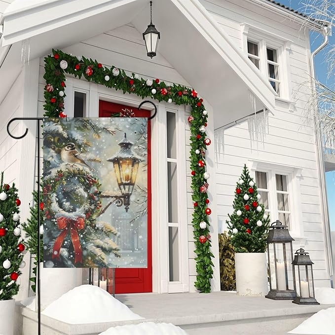 Pfrewn Christmas Winter House Flag 28x40 Double Sided Bird Lamp Berry Wreath Snowy Garden Yard Flags Welcome Winter Outdoor Indoor Banner for Party Home Merry Christmas Xmas Decorations