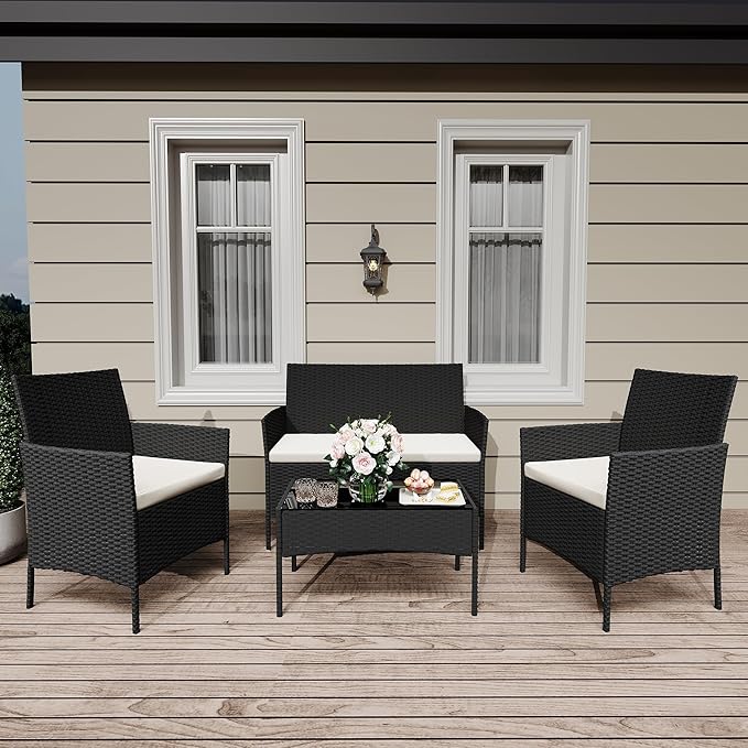 GAOMON 4 Piece Patio Furniture Set, Modern Patio Conversation Set with Glass Coffee Table, PE Wicker & Cushions for Poolside, Deck, Balcony, Black & Beige
