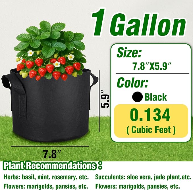 12-Pack 1 Gallon Nonwoven Grow Bags, Heavy Duty Aeration Fabric Pots with Durable Handles, Come with 12 Pcs Plant Labels