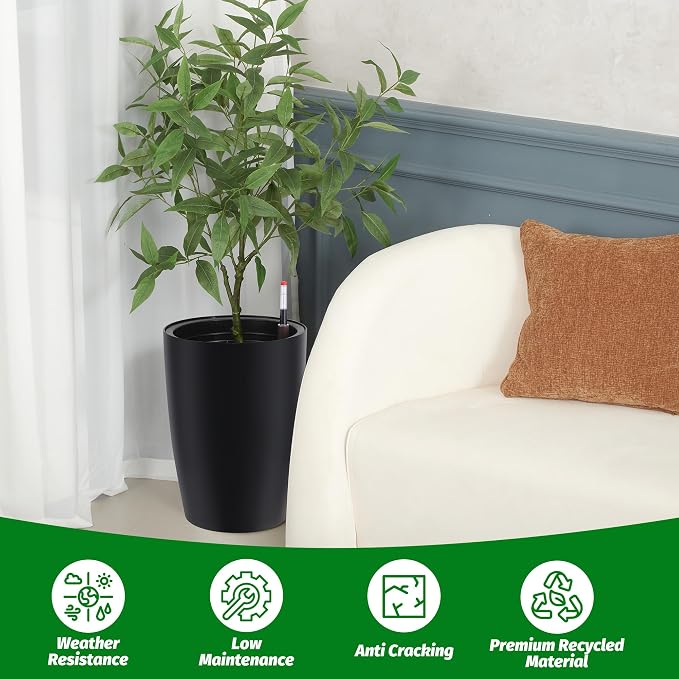 Garvee Tall Planters for Outdoor Plants, 16 in Large Planters Set of 2, Outdoor & Indoor Planters with Water Level Monitor ＆ Inner Bucket, Automatic Watering, for Porch, Patio, Backyard, Black