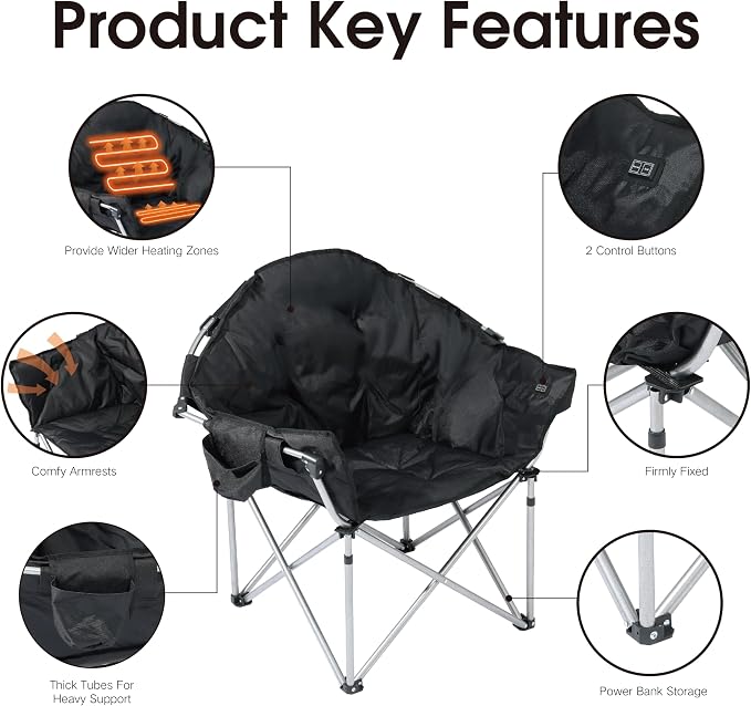 SunSettler Oversized Heated Camping Chair, Outdoor Camp Chairs with 3 Heat Levels, Portable Folding Padded Chair for Camp, Lawn, Sports (Black, Oversized)