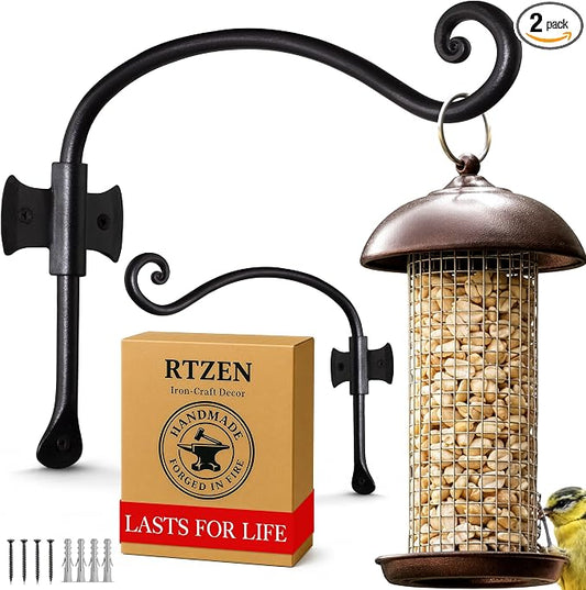 RTZEN Plant Hangers Outdoor or Indoor - Wrought Iron Metal Hanger Indoor Hook - Heavy Duty Wall Bracket Hooks for Hanging Plants Baskets Lanterns Bird Feeders - 2 Pack (Black Axe-Shape Hooks 12")