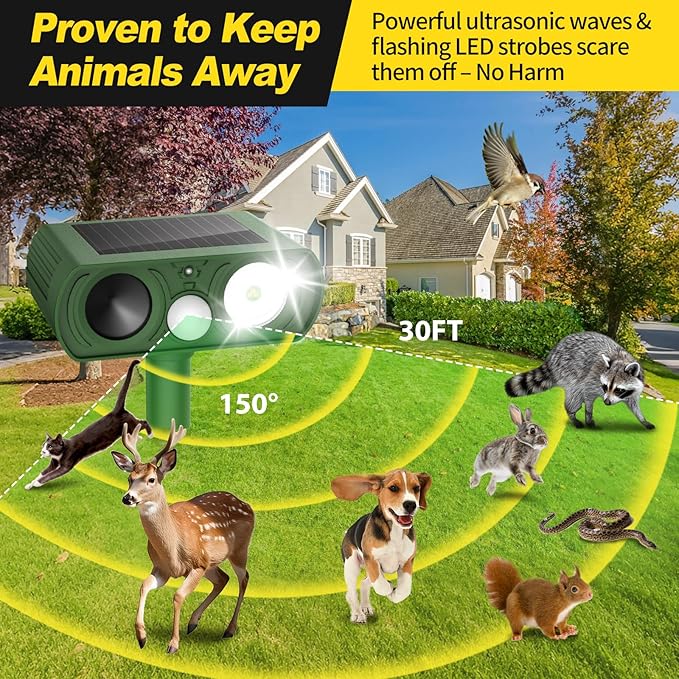Solar Ultrasonic Animal Repellent Outdoor, Deer Repellent Devices Waterproof, Cat Squirrel Rabbit Dog Raccoon Deterrent Animal Repeller with Motion Detection, Keep Skunk Away for Yard, Green, 1 Pack