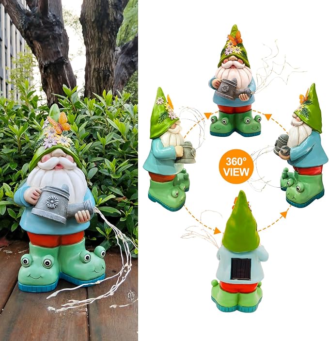 Solar Watering Can Gnome Resin LED Garden Statue | IP65 weatherproof figurine with 30 cascading warm lights; holiday gift for women & mom