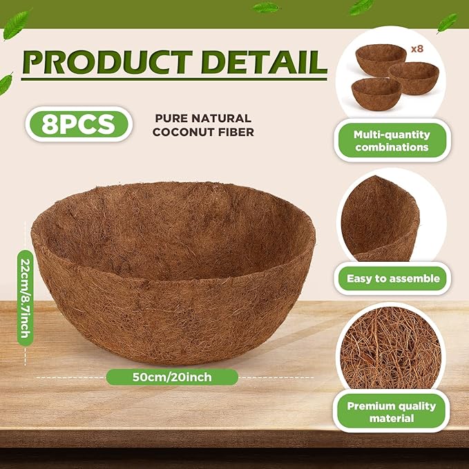 Gerrii 8 Pcs 20 Inch Coconut Liners for Hanging Baskets Coco Liners for Planters Natural Round Coconut Coco Planter Basket Coir Liner for Hanging Basket Flowers/Vegetables