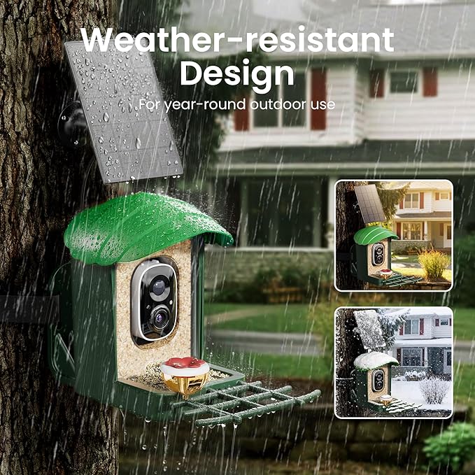 HEAPETS Smart Bird Feeder with Camera, 4K Ultra HD Live Stream, AI Species Identification, Solar Powered, Instant Motion Alerts, IP65 Weatherproof Outdoor Gifts for Bird Lovers, Green