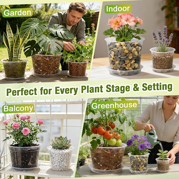 8 Inch Clear Nursery Pots with Drainage and Saucers, 5 Pack Large Clear Plastic Nursery Pots for Plants, Seedling Plant Pots for Repotting and Growing Plants, Flowers & Vegetables(8 inch)