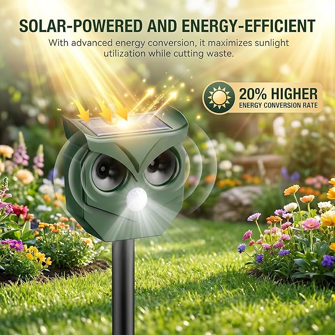 4 Pack Solar Ultrasonic Animal Repeller with Flashing LED Lights – Cat Deterrent Outdoor for Squirrels, Deer, Raccoons, Rabbits, Skunks, Dogs – Protects Garden, Yard, Lawn, Farm & Crops