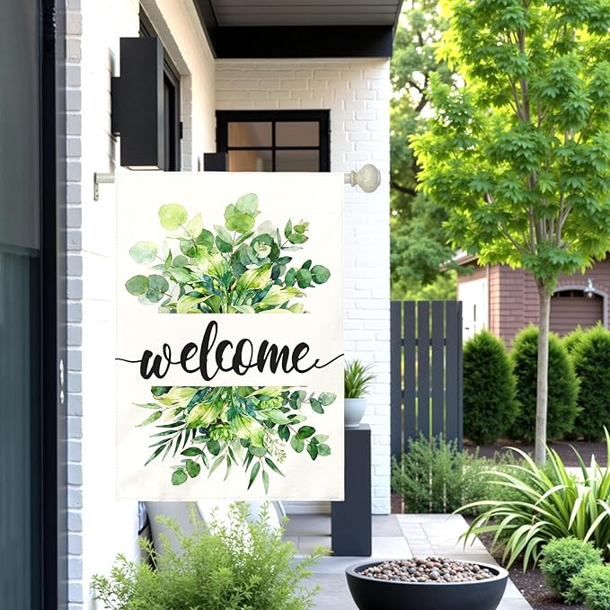Welcome Garden Flag Spring Large Summer Greenery Watercolor Eucalyptus Leaves House Banner Seasonal Rustic Farmhouse Hosta Fragrant Plantain Yard Flags for Porch Patio Home Decor 28 x 40 Inch