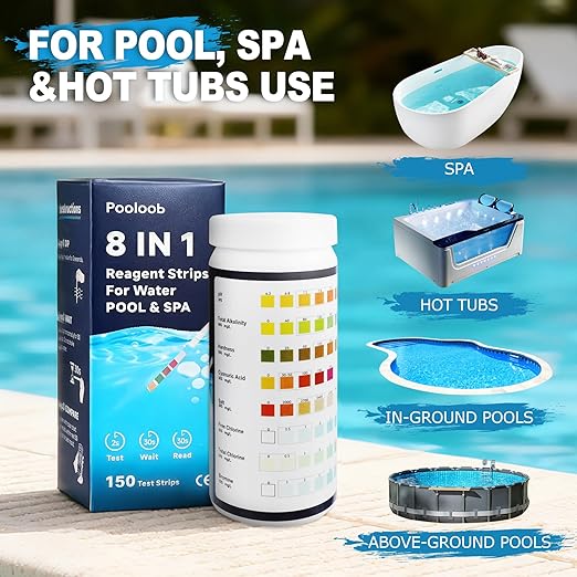 Pooloob 8-in-1 Pool and Spa Test Strips, 150 Count Water Testing Kit for Saltwater & Chlorine Pools - Tests pH, Salt, Free Chlorine, Bromine, Alkalinity, Hardness, Cyanuric Acid & Total Chlorine