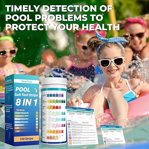 Pool Salt Test Strips: 150CT 8 in 1 Professional Pool Test Strips for Salt Water Pool & Hot Tub & Spa & Swimming Inground Pools - Quick Accurate Results Saltwater Pool Testing Kit
