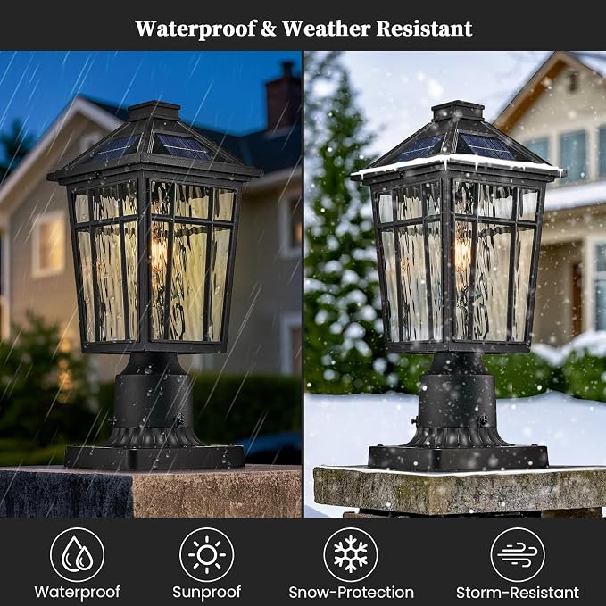 Solar Lamp Post Lights Dusk to Dawn Aluminum Solar Powered Large Post Lights Outdoor Include Remote Control and LED Bulb 16.5 Inch Height Outdoor Post Lights Hard Wired Black Finish