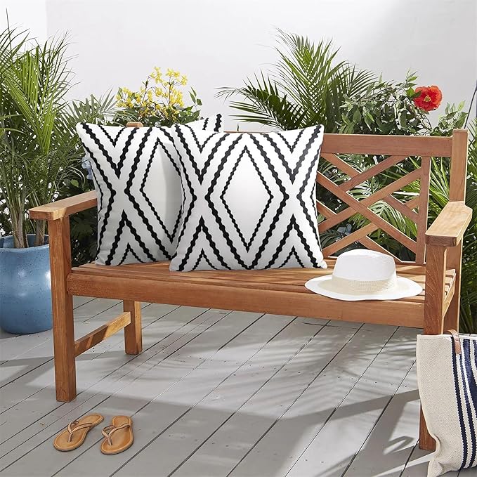 Adabana Outdoor Waterproof Throw Pillow Covers Set of 2 Boho Geometric Pillows Cases for Patio Garden 18 x 18 Inch White