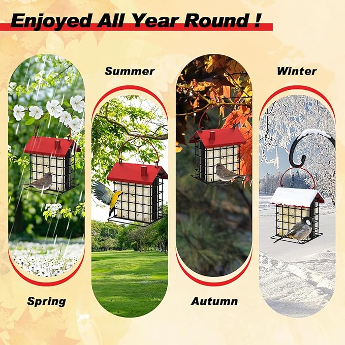 Gbekery All-Metal Double Suet Bird Feeder for Outdoors Hanging, Suet Cake Cage Holder with Weather-Resistant Roof & Perch for Outside Garden, Red