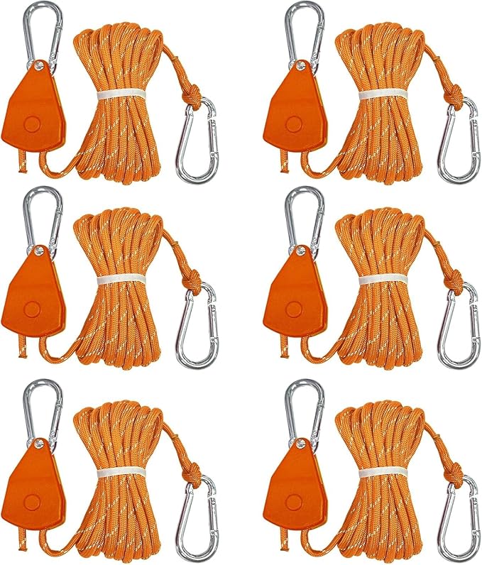 6-Pack Long 14ft Retractable Rope Paracord Ratchetable Strap,Heavy Duty Adjustable Pulley Tie Down for Kayak Storage,Outdoor Plant Hanging,Tent Tie Downs,Cargo Securing with Carabiner Hooks（Orange）