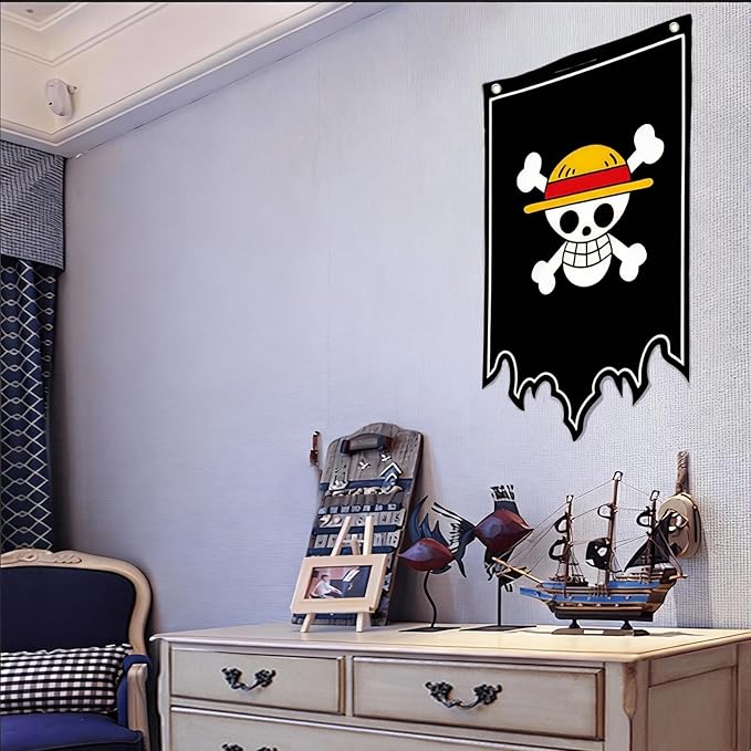 49x29in Vertical Anime-Style Pirate Banner with Straw Hat Skull Design for Halloween Decor and Themed Rooms