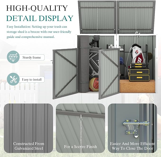 YOPTO Outdoor Storage Shed Metal Trash Can Storage,54 Cu.Ft Garbage Can Storage Shed W/Lid Chain,Hydraulic Mechanism & Pneumatic Spring Support Rods,for 2 Trash Bins,Bike,Garden Tools,Light Gray