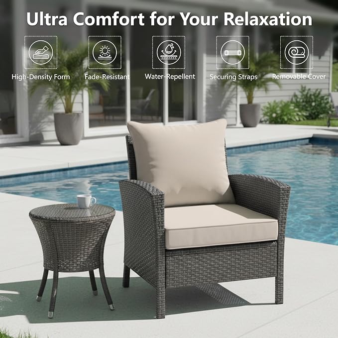 22x22 Inch Patio Chair Cushion with Removable Cover, Outdoor Furniture Cushion - Water-Repellent, Fade-Resistant, Non-Slip Bottom & Straps, Replacement for Lawn, Porch & Deck Chair - Cream
