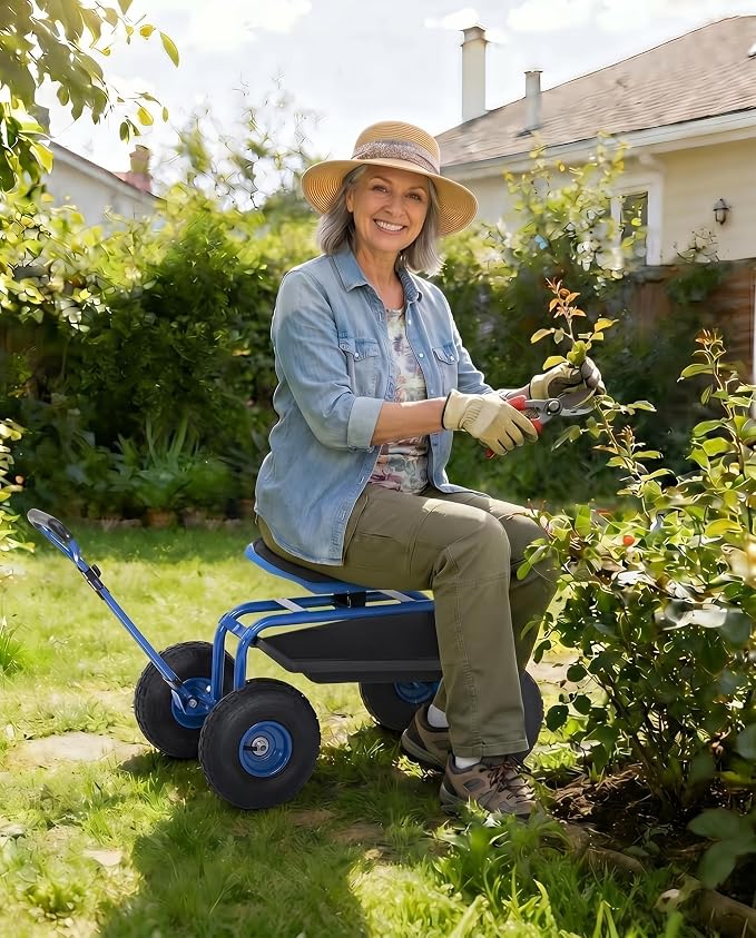 Garvee Heavy Duty Garden Seat, Garden Scooter Rolling Work Seat, 360° Swivel with 10-Inch All-Terrain Inflatable Tires, Extendable Steering Handle & Metal Tool Tray for Planting, Weeding, Yard Work