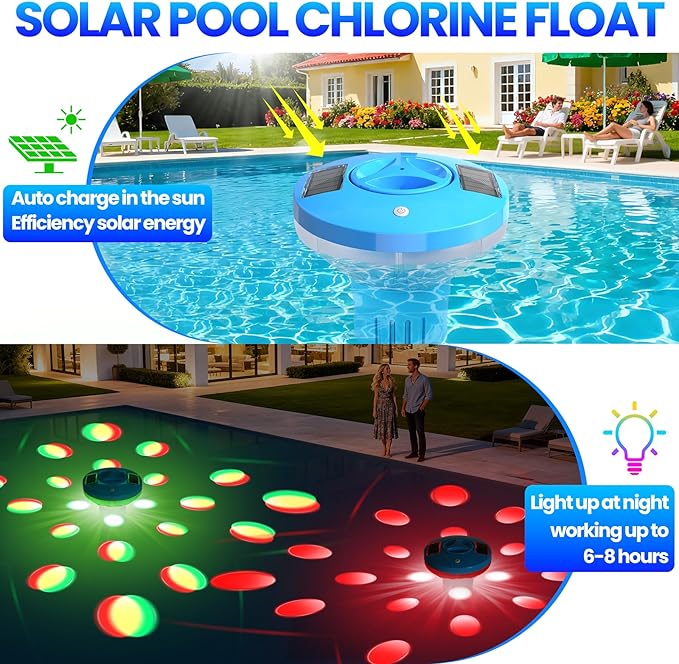 ChlorBlu Solar Chlorine Floater,Chlorine Floater with Colorful Lights,Large Capacity Floating Chlorine Dispenser for Pool,7.6" Pool Chlorine Floater,Button Control Chlorine Floater for Hot Tub(Blue)