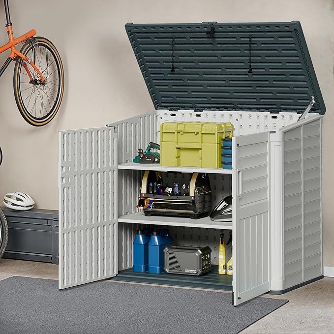 JUMMICO Resin Outdoor Storage Shed, 34 Cu Ft Horizontal Storage Cabinet with Shelves for Trash Cans, Garden Tools, Pool Supplies (Beige)