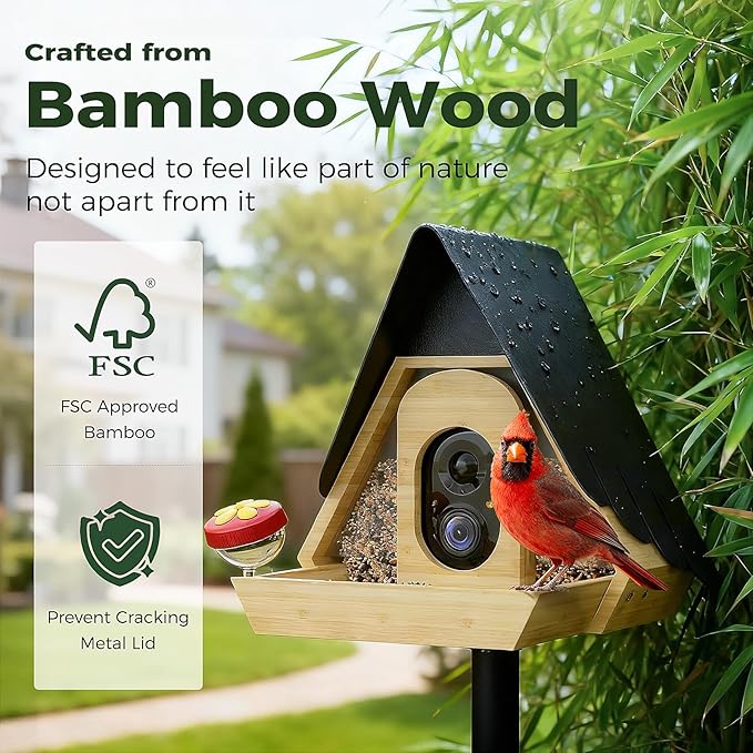 PerchMe® Smart Bird Feeder with Camera,2K HD Solar Powered,Bamboo Birdhouse Camera with Metal Roof,AI Recognition, Includes SD Card, Real-time Notification, Ideal Gift for Bird Lovers