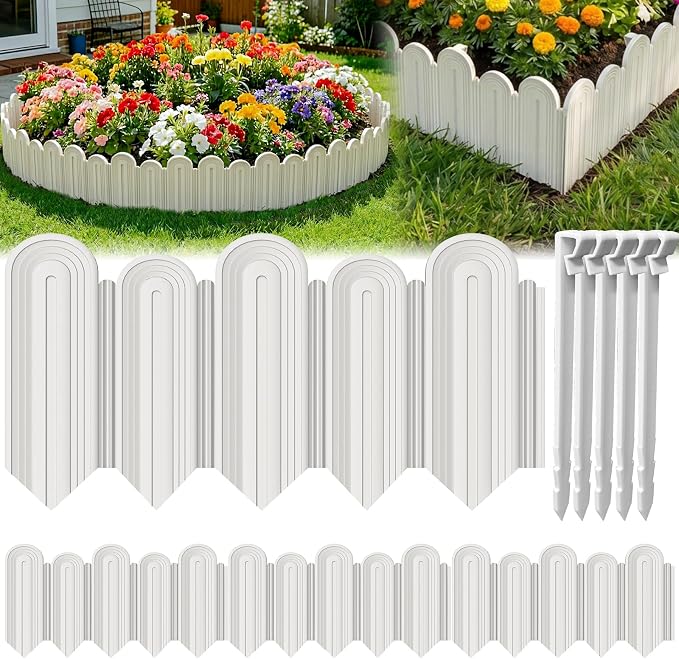 Ruppence 40Pcs 42ft (5.5'' Exposed Height) Landscape Edging Border, Flowerbed Garden Edging Border, Bendable Plastic Lawn Edging,White Flower Bed Edging Borders for Landscaping