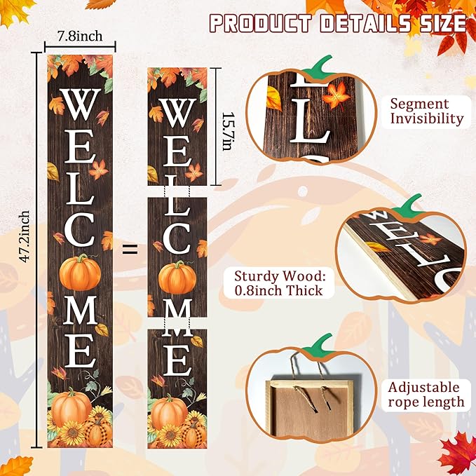 Fall Welcome Sign For Front Porch Fall Porch Sign Maple Leaf Pumpkin Sunflower Thanksgiving Decor Indoor Outdoor Autumn Wooden Vertical Sign For Patio Front Door Porch Wall Yard