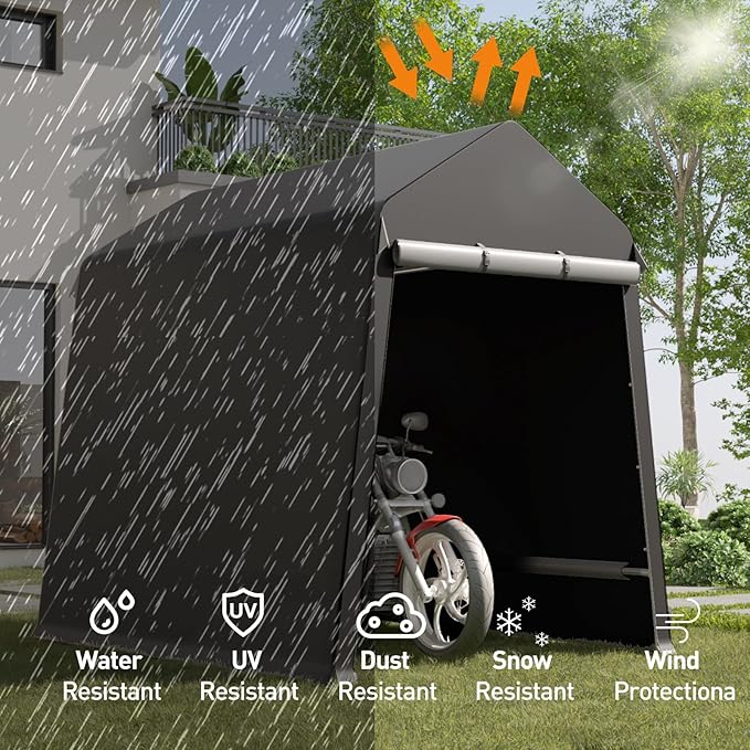 CABIHOME 6X8Ft Motorcycle Carport, Portable Outdoor Storage Shed Tent, Heavy-Duty Carport with Rolled Up Zipper Door & Vent, Waterproof & UV Resistant, for Motorcycle, Bike, Lawn Mower, Tools (Black)