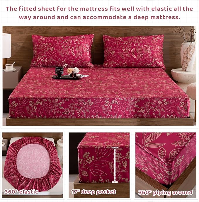 QSH Floral King Size Sheet Sets - 100% Egyptian Cotton Floral Bedding Sheets Red Flower Pattern Botanical Printed Bedding King Size Bed Sheets 17.5" Extra Deep Pocket 4pcs