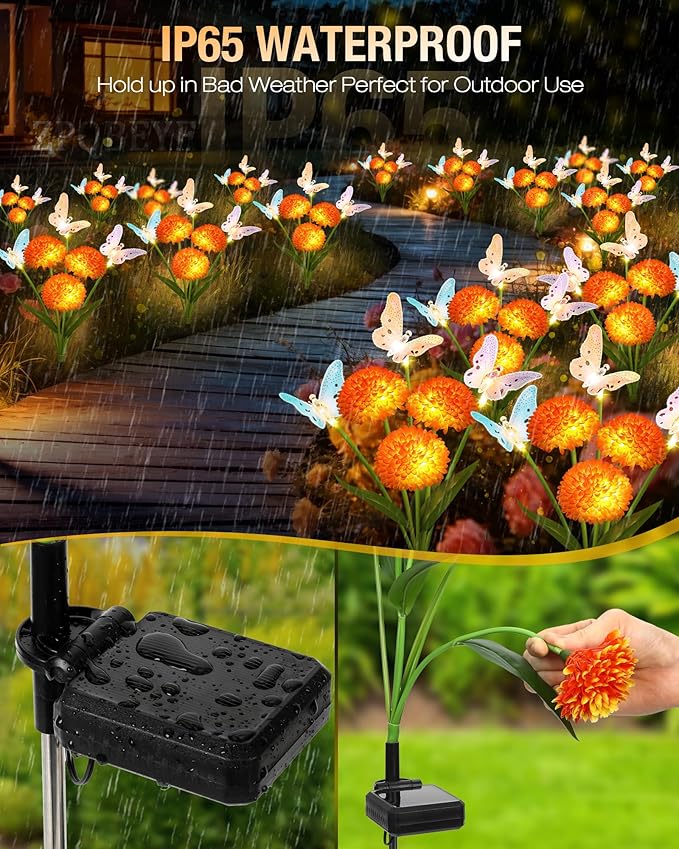 Solar Garden Lights Outdoor Waterproof Decorative 3 Pack Swaying Butterfly Light with 9 Big Flowers Solar Lights for Outside Garden Decor Patio Yard Landscape, Gifts for Women Mother's Day