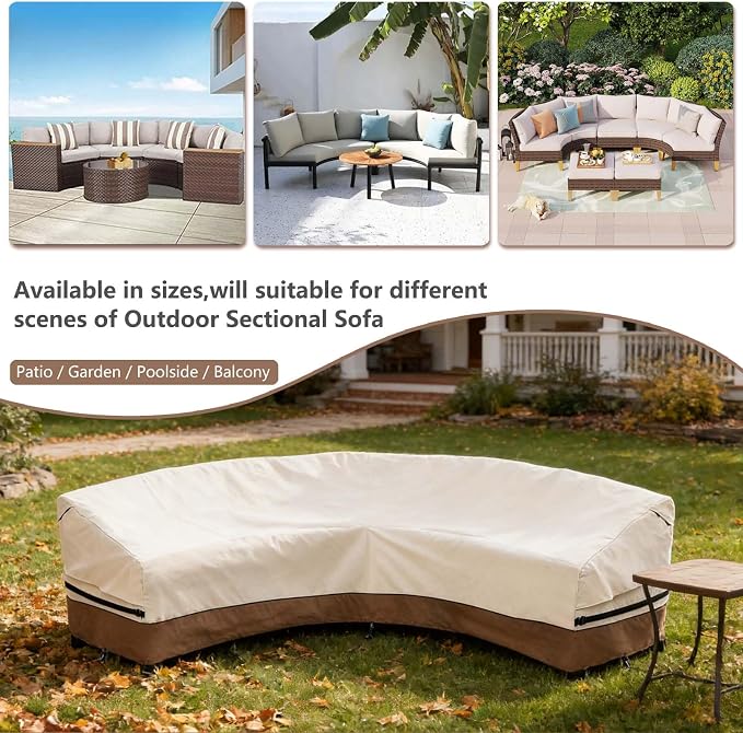 okcool Outdoor Sectional Cover,Curved Patio Furniture Covers for 5-7 Seater Outdoor Furniture Couch,190"(Back Arc Length) / 126"(Front Arc Length) x 32"(Deep),Beige & Brown