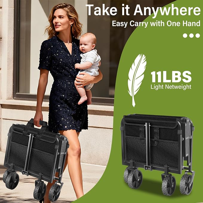 Collapsible Wagon Cart with All-Terrain Wheels - Folding Utility 280LBS Heavy Duty Wagons Carts for Grocery Sports Garden Shopping Camping Fishing (Black, 120L)