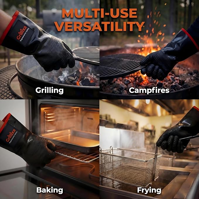 932°F Heat Resistant BBQ Gloves, 14-Inch Waterproof Neoprene Grill Gloves, Oil & Slip Resistant with Cotton Lining, for Oven, Smoker, Fire Pit, Rotisserie and BBQ Cooking