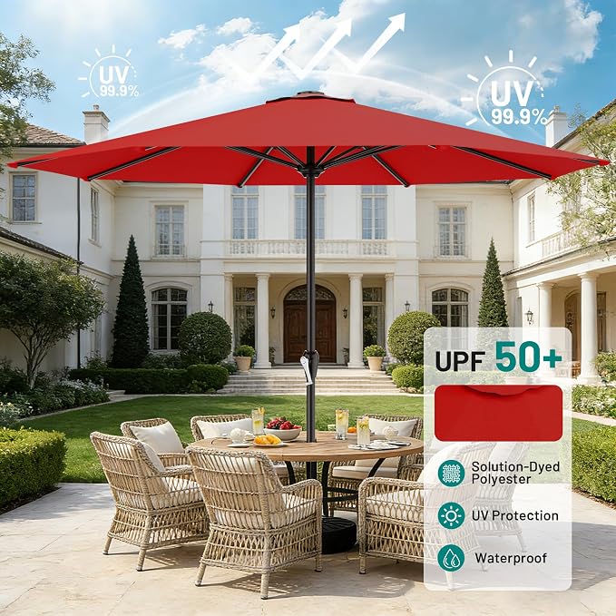 AreShark 12 FT Patio Umbrella for Outdoor, Outdoor Table Umbrella with Push Button Tilt and Crank, Outdoor Patio Umbrellas with 8 Sturdy Ribs, Patio Umbrellas for Market, Garden, Pool (Red)