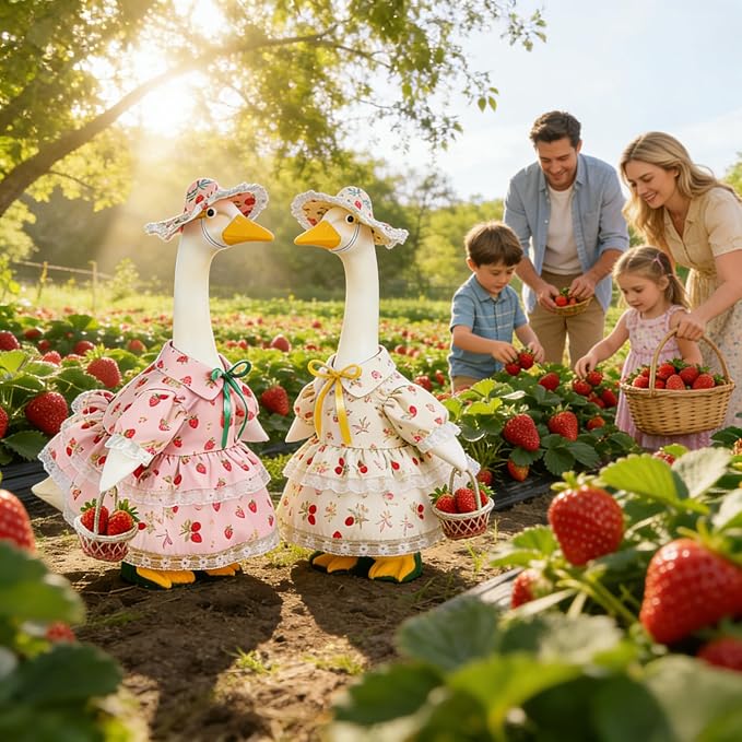 Summer Porch Goose Outfit for 23" Cement Statue Goose,Porch Goose Clothes with Strawberry Skirt and Hat for Spring Outdoor Yard Lawn Patio Decor（pink）