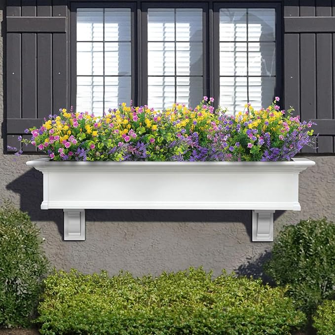 Hananona 12 Pcs Artificial Flowers Outdoor, Faux Artificial Plants UV Resistant Plastic Flower Bulk for Hanging Planter Porch Window Home Wedding Fall Summer Decor (12, Fuchsia, Purple, Yellow, Green)