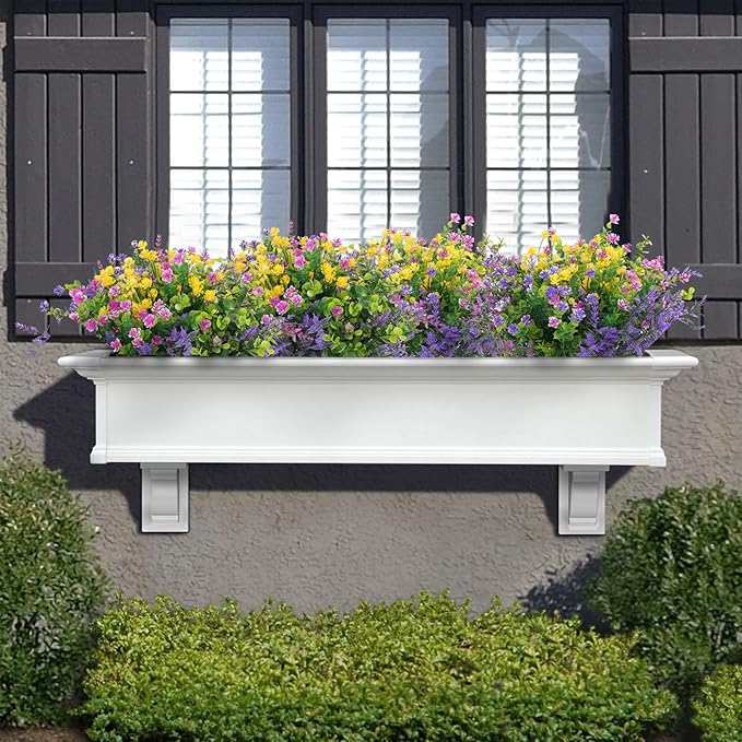 Hananona 48 Pcs Artificial Flowers Outdoor, Faux Artificial Plants UV Resistant Plastic Flower Bulk for Hanging Planter Porch Window Home Spring Summer Decor (48, Fuchsia, Purple, Yellow, Green)