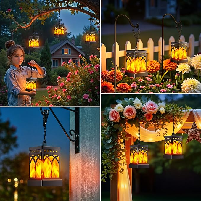 KOOPER 4 Pack Solar Lanterns Outdoor Waterproof, Upgraded Flickering Flame Modes + Constant Modes Hanging Solar Lantern Lights for Outside, Lanterns Decorative Outdoor for Garden Table Yard Tree Decor