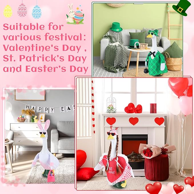 3 Sets Seasonal Porch Goose Outfits with Braid Wig Sunglasses Valentine St. Patrick Easter Bunny Festivals Lawn Goose Clothing Costume Set for 23“ Outdoor Yard Garden Patio Lawn Holiday Decorations