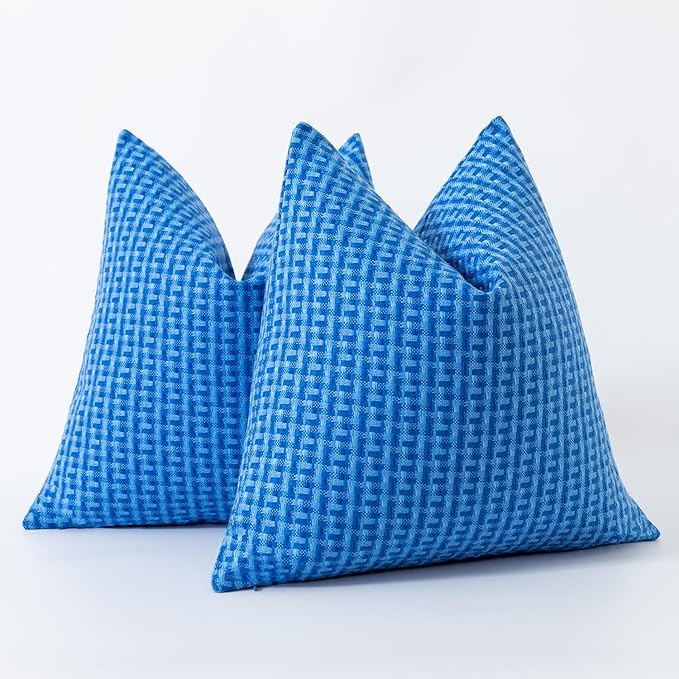 Kevin Textile Outdoor Waterproof Throw Pillow Covers Pack of 2 Weaving Texture Water Resistant Outside Decorative Cushion Covers for Garden Patio Tent Balcony Bench Couch Sofa 18x18 Inch, Blue